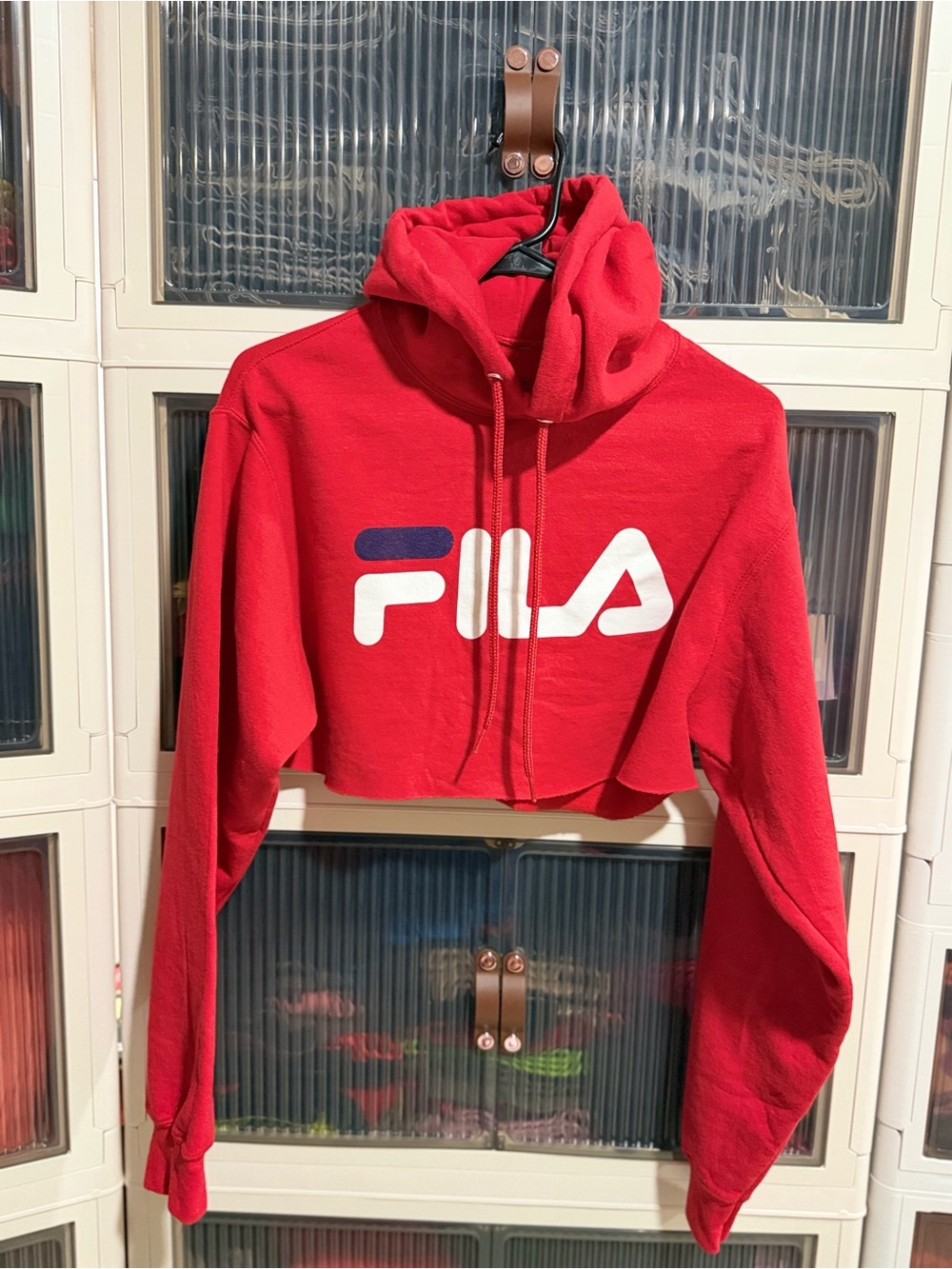 FILA Red Cropped Hoodie with White & Navy Logo